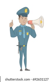 Hispanic policeman making an announcement with a loudspeaker. Full length of young policeman making announcement through a loudspeaker. Vector sketch cartoon illustration isolated on white background.