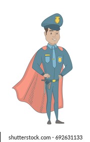 Hispanic policeman wearing red superhero cloak. Young policeman dressed as superhero. Powerful policeman superhero in red cloak. Vector sketch cartoon illustration isolated on white background.