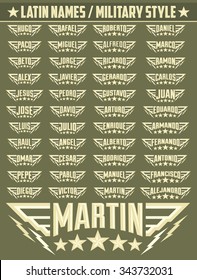 Hispanic Popular Names, Set Of Military Style Badges With Personal Latin Names, Armed Forces Icon With Your Name