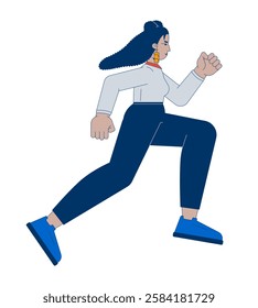 Hispanic professional woman running with determined expression 2D cartoon character. Business casual female empowerment isolated person flat vector on white background. Spot illustration colorful