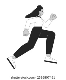 Hispanic professional woman running with determined expression black and white 2D line character. Business casual female empowerment isolated vector outline person. Monochromatic spot illustration