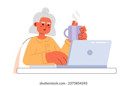 Hispanic senior woman surfing internet 2D cartoon character. Latina grandma shopping online isolated vector person white background. Latinamerican lady reading blog color flat spot illustration