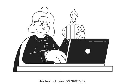 Hispanic senior woman surfing internet black and white 2D cartoon character. Latina grandma shopping online isolated vector outline person. Lady reading blog monochromatic flat spot illustration