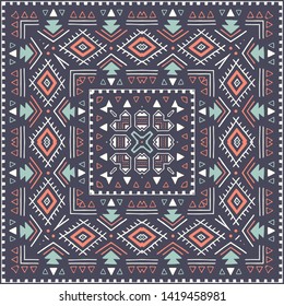 Hispanic shawl. Unique ornamental pattern in ethnic style with flower mandala and unusual frame. Diagonal composition
