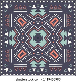Hispanic shawl. Unique ornamental pattern in ethnic style with flower mandala and unusual frame. Diagonal composition