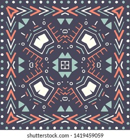 Hispanic shawl. Unique ornamental pattern in ethnic style with flower mandala and unusual frame. Diagonal composition