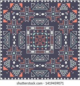 Hispanic shawl. Unique ornamental pattern in ethnic style with flower mandala and unusual frame. Diagonal composition