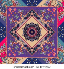 Hispanic shawl. Unique ornamental pattern in ethnic style with flower mandala and unusual frame. Diagonal composition. Wedding invitation.