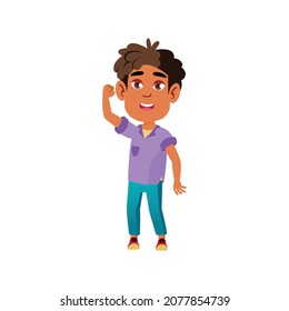 Hispanic Small Boy Gesturing Team Strong Power On Field Cartoon Vector. Hispanic Small Boy Gesturing Team Strong Power On Field Character. Isolated Flat Cartoon Illustration