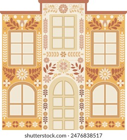 Hispanic style decorative cartoon house with folk floral ornament. Vector illustration 