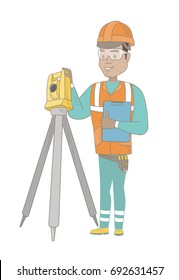 Hispanic Surveyor Builder Holding Clippboard And Working With Theodolite. Young Surveyor Standing Near Theodolite Transit Equipment. Vector Sketch Cartoon Illustration Isolated On White Background.