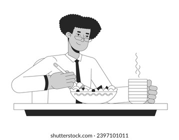 Hispanic white collar worker eating salad black and white 2D line cartoon character. Eyeglasses latino man on lunch isolated vector outline person. Vegan employee monochromatic flat spot illustration