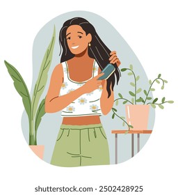 Hispanic woman doing hairstyle with hair straightener flat color vector illustration. Lady using device for hairdo at home concept icon on white