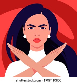 The Hispanic woman feels anger and she crossed her arms. A gesture of refusal and prohibition. Campaign against violence and human rights violations. Vector flat illustrations