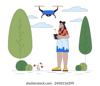 Hispanic woman flying drone in park line cartoon flat illustration. Latina girl controlling quadcopter 2D lineart character isolated on white background. UAV technology daily scene vector color image