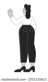 Hispanic woman in formal attire pointing rear view black and white 2D line character. Female office employee with overweight isolated vector outline person. Monochromatic spot illustration