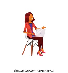 hispanic woman look funny picture on laptop cartoon vector. hispanic woman look funny picture on laptop character. isolated flat cartoon illustration