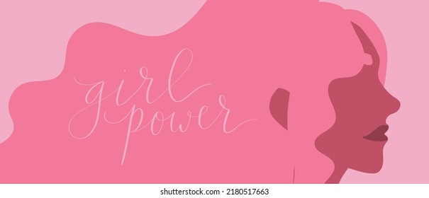 hispanic woman with pink hair. Girl power handwritten lettering vector