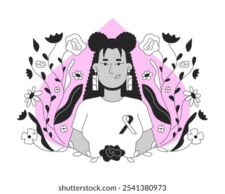 Hispanic woman promoting breast cancer awareness black and white 2D illustration concept. Mammogram campaign. Latina female with pink ribbon outline character isolated. Metaphor monochrome vector art