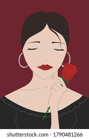 Hispanic woman with a red rose in her hand, woman in a black dress, flamenco dancer.