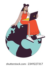 Hispanic woman sitting on planet flat line concept vector spot illustration. Remote work. Freelancer 2D cartoon outline character on white for web UI design. Editable isolated color hero image