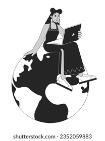 Hispanic woman sitting on planet bw concept vector spot illustration. Remote work. Freelancer 2D cartoon flat line monochromatic character for web UI design. Editable isolated outline hero image