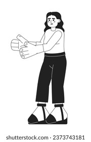 Hispanic woman standing monochromatic flat vector character. Stick hand up. Editable thin line full body person on white. Simple bw cartoon spot image for web graphic design