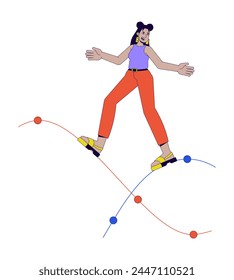 Hispanic woman standing on chart waves 2D linear cartoon character. Latin american female isolated line vector person white background. Latina girl trader stock color flat spot illustration