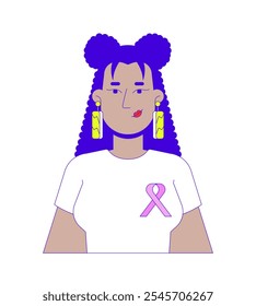 Hispanic woman wearing tshirt solidarity ribbon 2D cartoon character. Breast cancer awareness tee female latina adult isolated person flat vector on white background. Spot illustration colorful