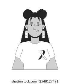 Hispanic woman wearing tshirt solidarity ribbon black and white 2D line character. Breast cancer awareness tee female latina adult isolated vector outline person. Monochromatic spot illustration