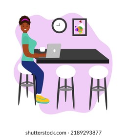 Hispanic woman works on a laptop in a cafe. She sits at the counter with a cup of coffee and works remotely. in comfortable sportswear, a freelancer girl is engaged in creative work.
