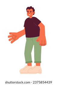 Hispanic young adult man welcoming gesturing 2D cartoon character. Latin american guy with hand outstretched isolated vector person white background. Nice to see you color flat spot illustration