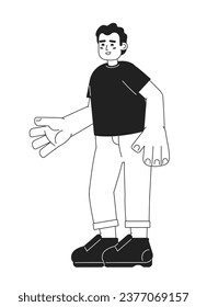 Hispanic young adult man welcoming black and white 2D cartoon character. Latin american guy with hand outstretched isolated vector outline person. Nice to see you monochromatic flat spot illustration