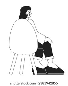 Hispanic young adult woman sitting in chair back view black and white 2D cartoon character. Latin american female isolated vector outline person. Attendee latina monochromatic flat spot illustration