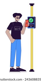 Hispanic young man paying fare with nfc phone 2D linear cartoon character. Bus commuter latino male isolated line vector person white background. Contactless payment color flat spot illustration