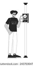 Hispanic young man paying fare with nfc phone black and white 2D line cartoon character. Bus commuter latino male isolated vector outline person. Wireless payment monochromatic flat spot illustration