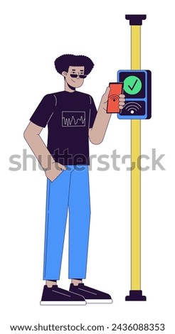Hispanic young man paying fare with nfc phone 2D linear cartoon character. Bus commuter latino male isolated line vector person white background. Contactless payment color flat spot illustration