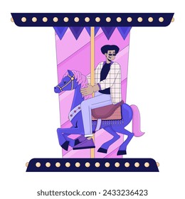 Hispanic young man riding horse carousel 2D linear cartoon character. Roundabout fun latino guy isolated line vector person white background. Entertainment attraction color flat spot illustration