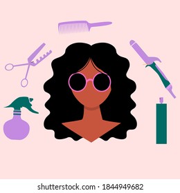 Hispanik Latino American women. There are hairdressing tools (hair spray,scissors,comb,curling iron) around her head. Pink background. 
 Flat vector illustration. Beauty salon, hairdresser concept.