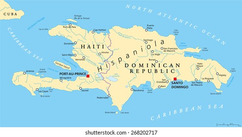Hispaniola Political Map with Haiti and Dominican Republic, located in Caribbean island group, Greater Antilles. With capitals, national borders, important cities, rivers and lakes. English labeling.