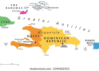 Hispaniola and surroundings, colored political map. Caribbean island divided into Haiti and Dominican Republic, part of Greater Antilles, next to Cuba, Bahamas, Puerto Rico, Turks and Caicos Islands.