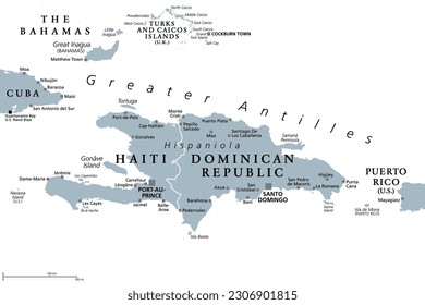 Hispaniola and surroundings, gray political map. Caribbean island divided into Haiti and Dominican Republic, part of Greater Antilles, next to Cuba, The Bahamas, Puerto Rico, Turks and Caicos Islands.