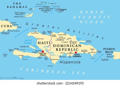 Hispaniola and surroundings, political map. Caribbean island, divided into Haiti and Dominican Republic, part of Greater Antilles, next to Cuba, The Bahamas, Puerto Rico, and Turks and Caicos Islands.