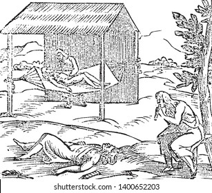 Hispaniola ist ein Bild von Menschen, die die Kranken in Hispaniola heilen, Vintage-Linie Zeichnung oder Gravitation Illustration.
