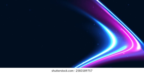 Hi-speed blue and pink curved rays on dark blue background. Speed motion moving concept. Vector illustration