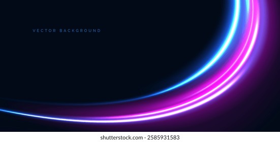 Hi-speed blue and pink neon curved beams rays on dark blue background. Speed motion moving concept. Vector illustration