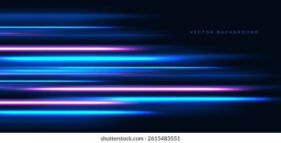 Hi-speed blue and pink neon horizontal beams rays on dark blue background. Speed motion moving concept. Vector illustration