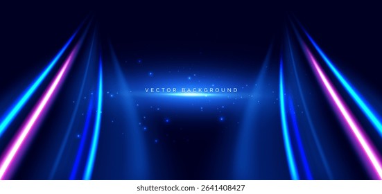 Hi-speed blue and pink neon wave beams rays on dark blue background. Speed motion moving concept. Vector illustration