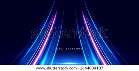 Hi-speed blue and pink neon wave beams rays on dark blue background with arrow element. Speed motion moving concept. Vector illustration