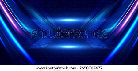 Hi-speed blue and pink neon wave beams rays on dark blue background with arrow element. Speed motion moving concept. Vector illustration